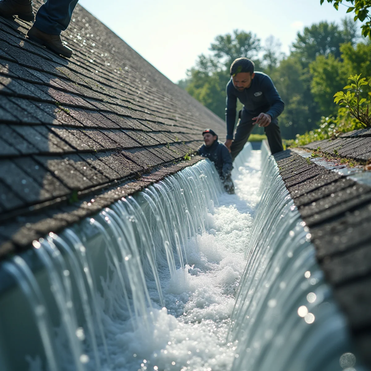 Steep architectural roofline directing heavy rainfall into high-capacity 6-inch gutter