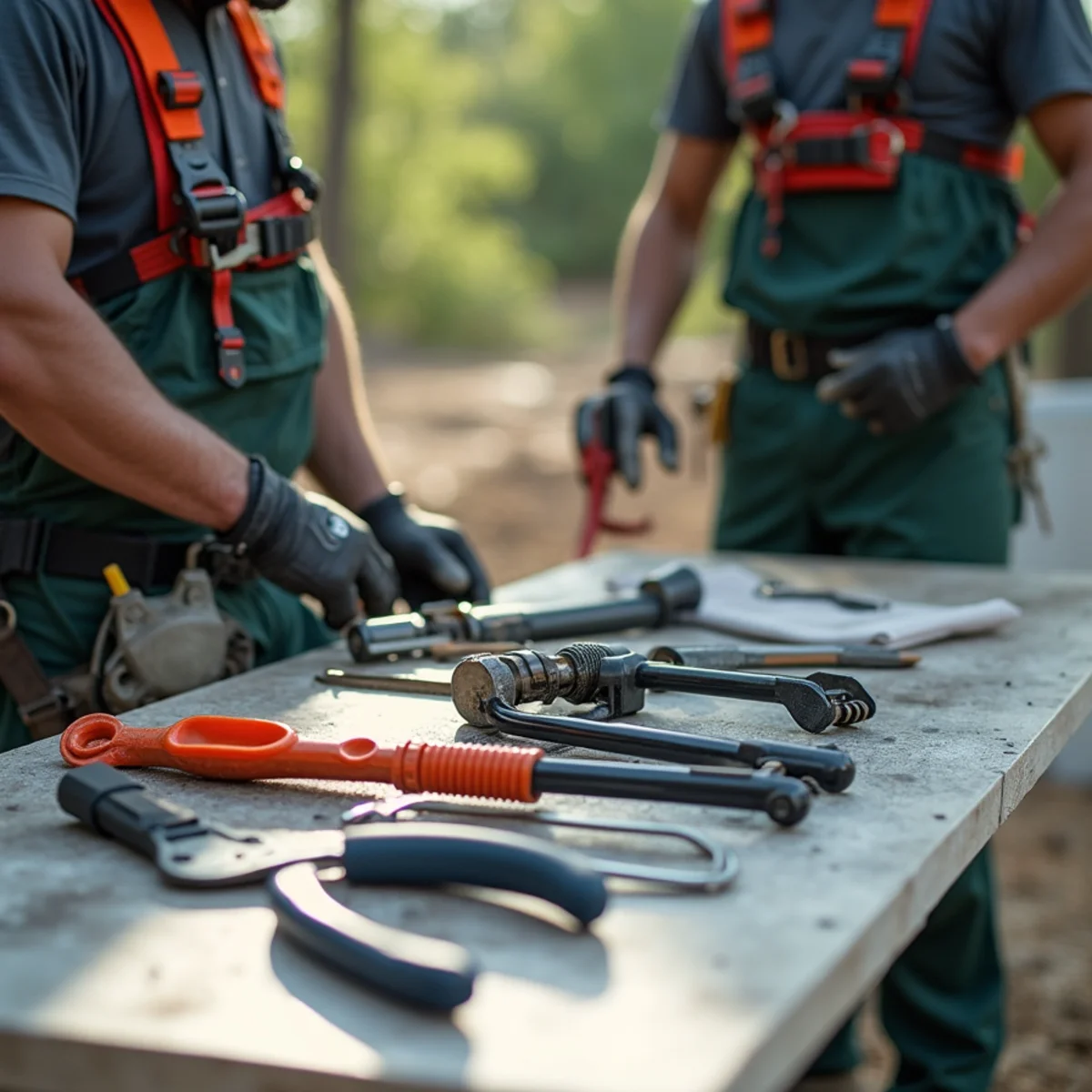 Professional gutter installation tools, digital levels, and safety gear organized for work