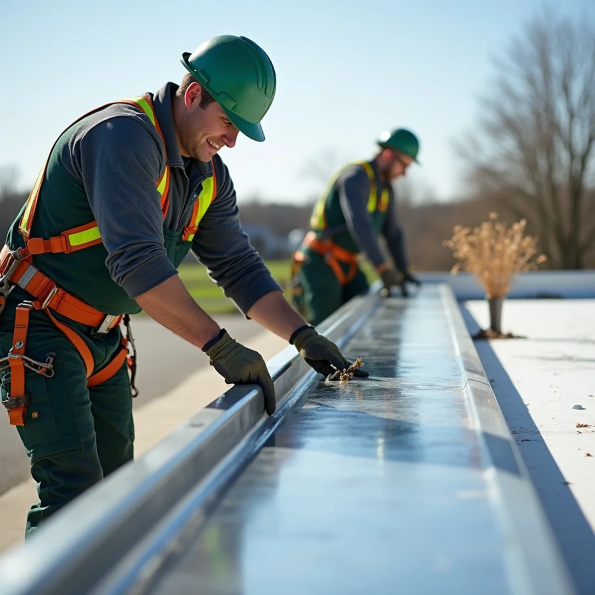 Commercial flat roof parapet scupper draining directly into oversized industrial downspout