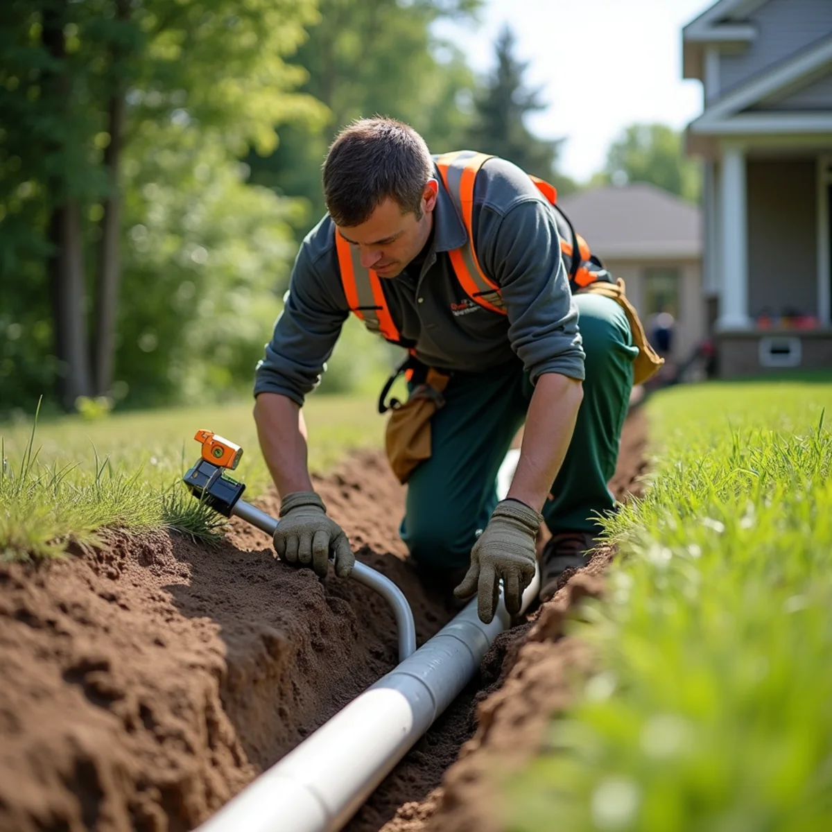 Technician leveling smooth-wall PVC drainage pipe in trench for gravity discharge