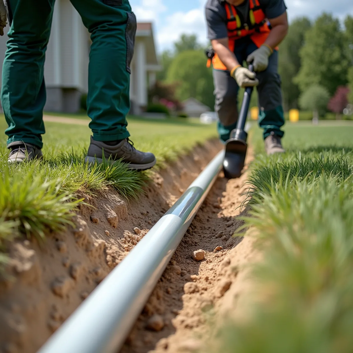 Trenching buried PVC downspout line through sandy outwash soil in Elk River yard