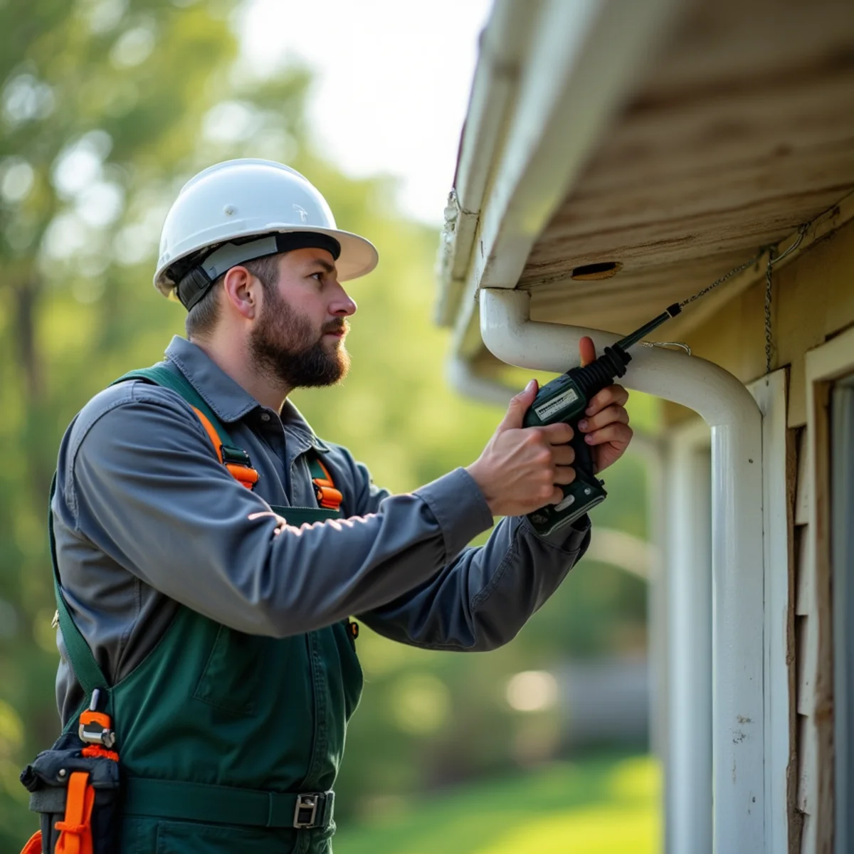 Technician securing wind-damaged gutter hanging dangerously over residential walkway