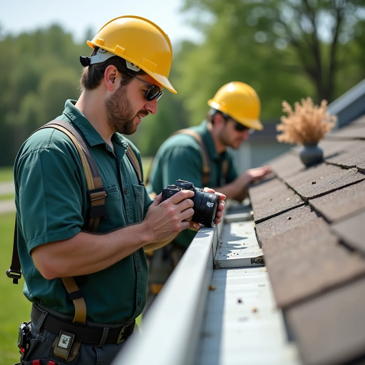 Technician photographing storm damage and hail impact dents for insurance claim