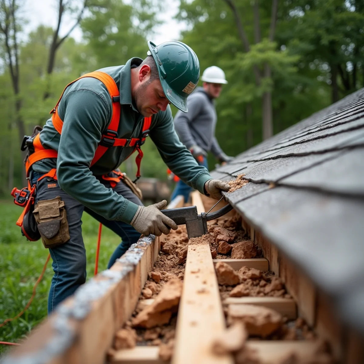 Technician removing decayed water-damaged wooden fascia board from roofline