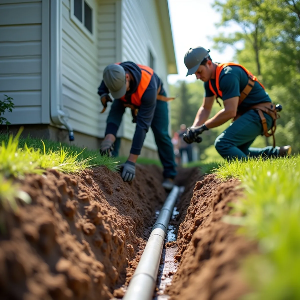 Crew trenching buried PVC drainage line to move downspout discharge 20 feet away