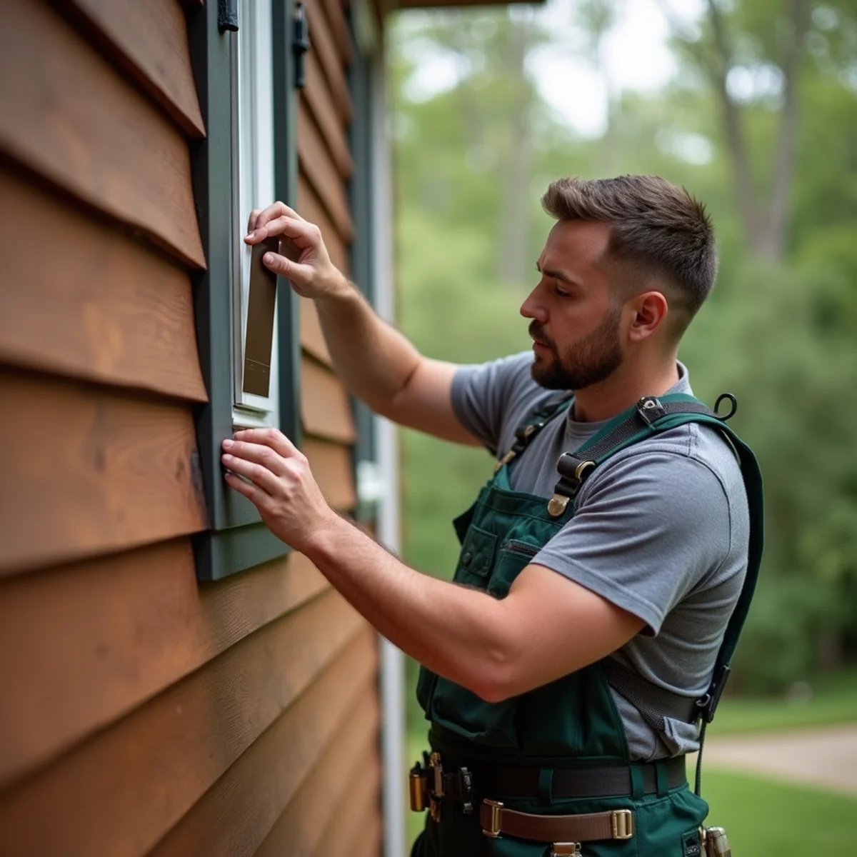 Technician holding baked enamel color sample against residential siding and trim