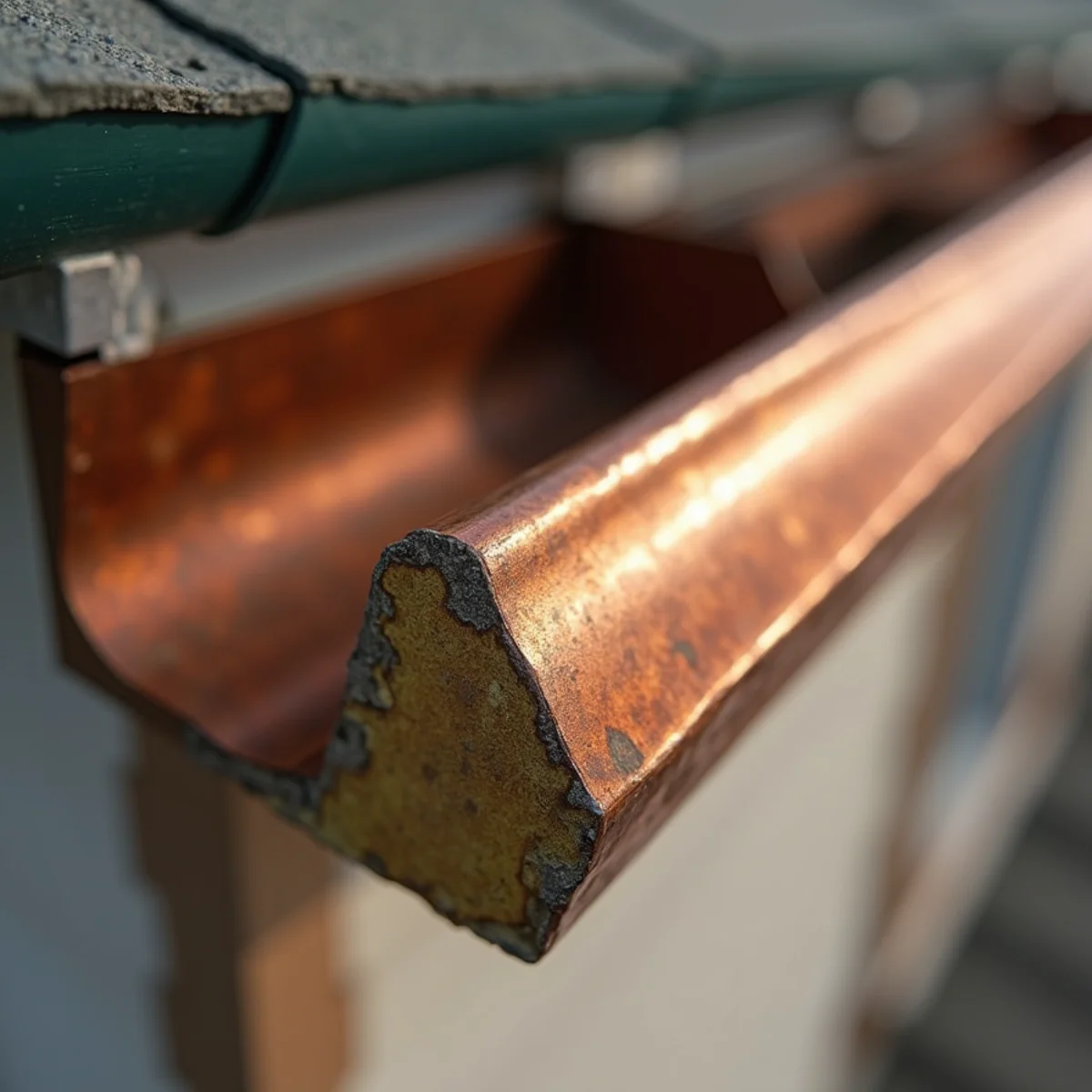 Premium copper seamless gutter section with soldered end cap on custom residence