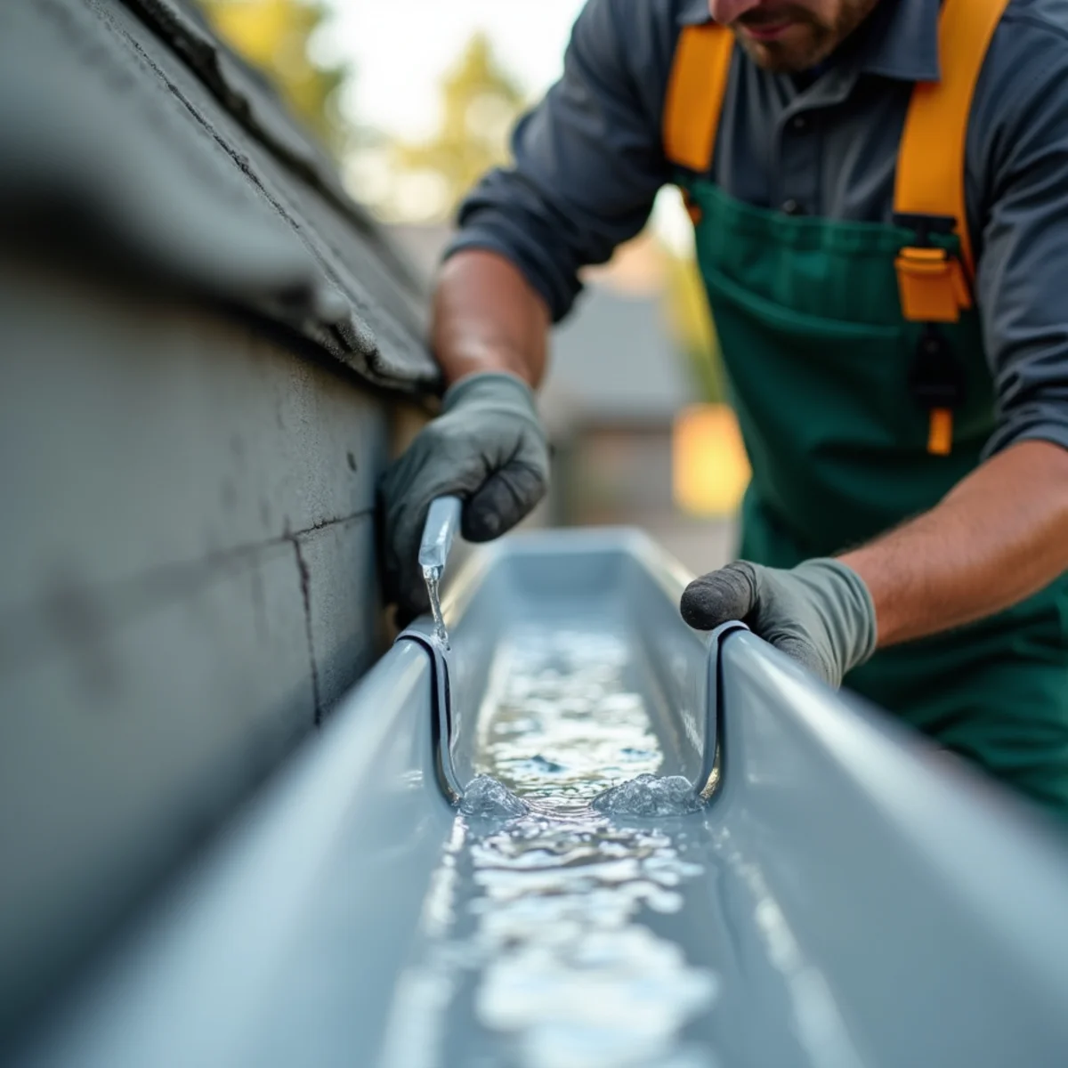 Water adhering to reverse-curve nose of solid gutter cover via surface tension