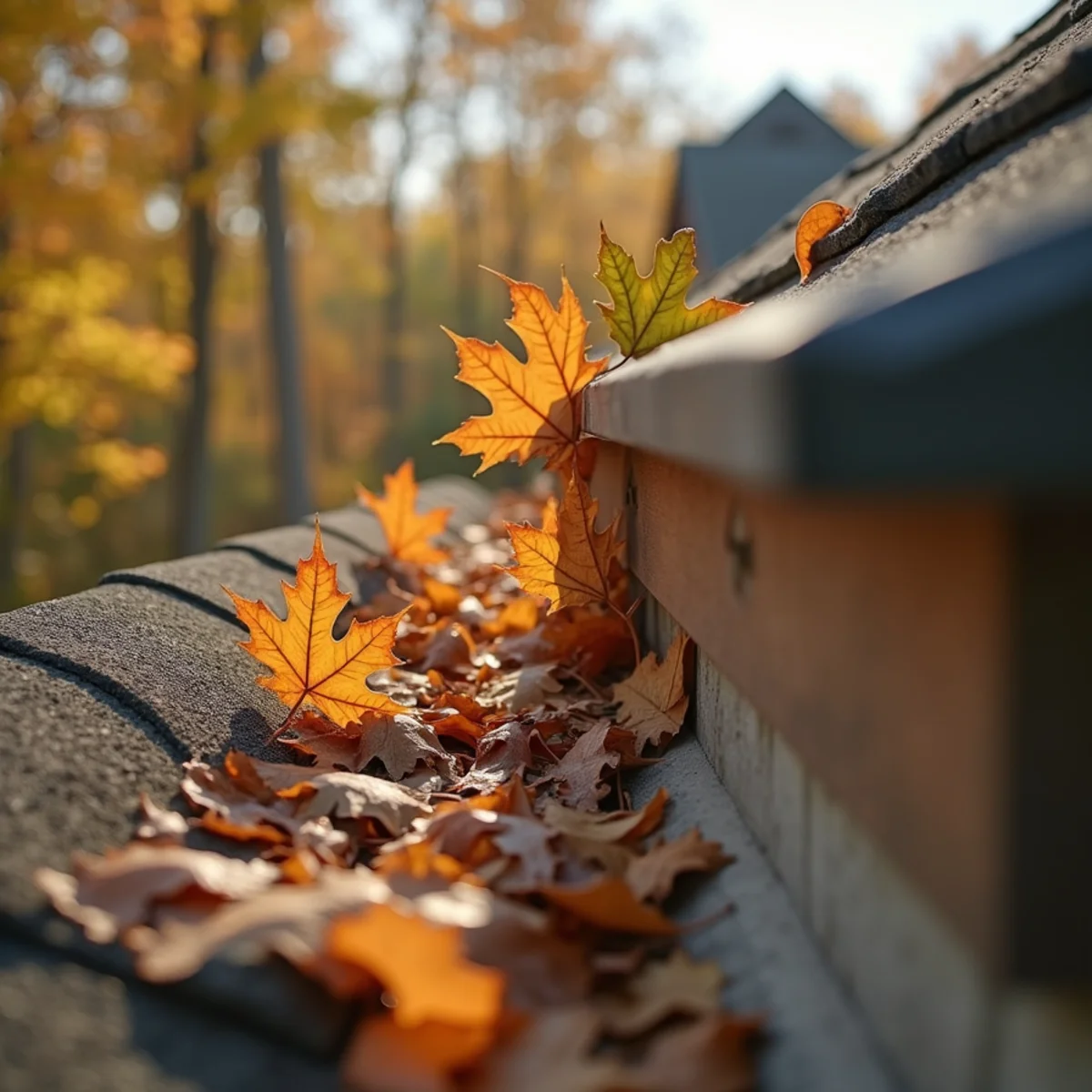 Autumn oak leaves sliding off solid hooded gutter cover to lawn below