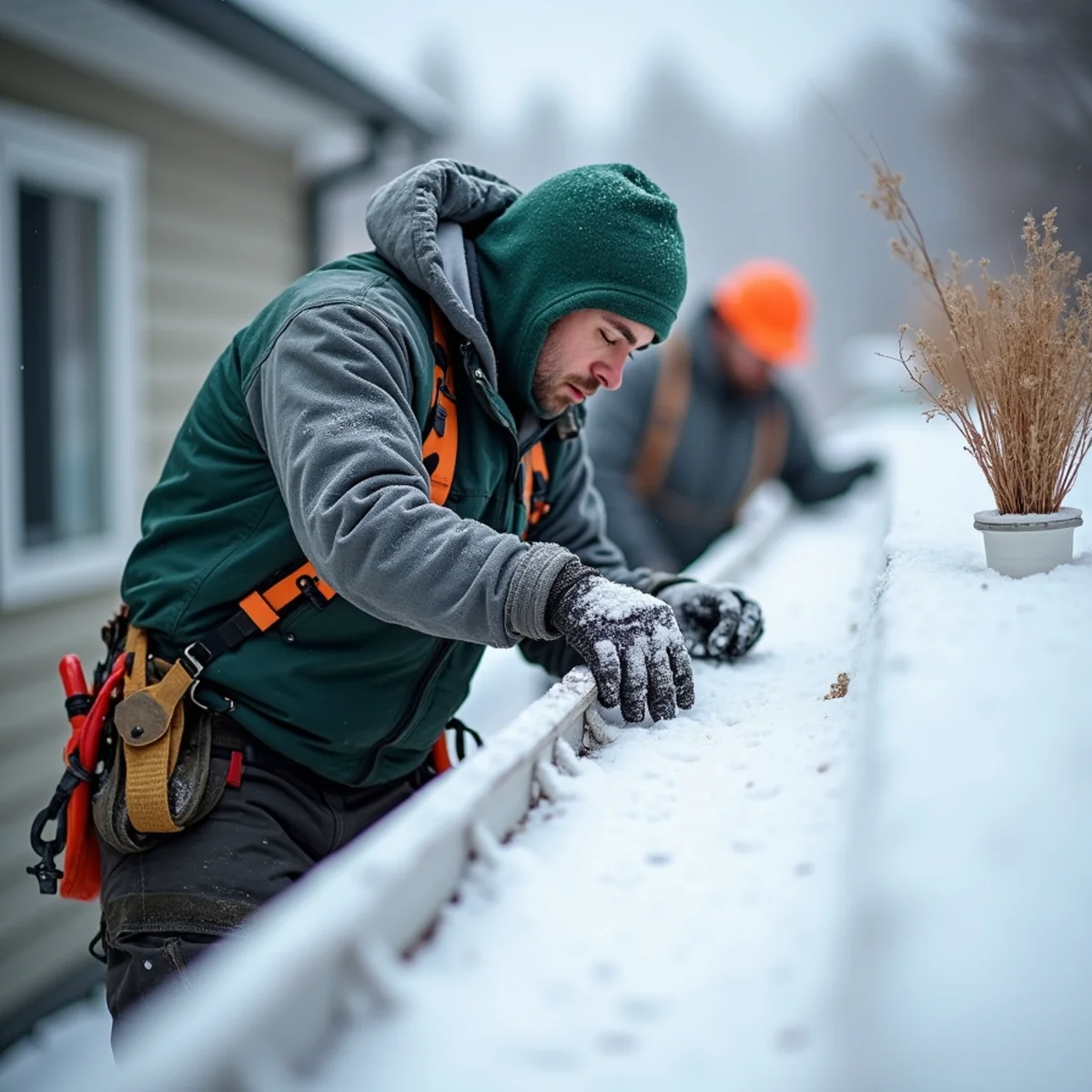 Winter snow sliding cleanly over heavy-duty solid hooded gutter cover