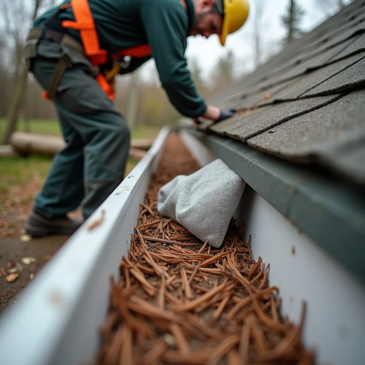 Brittle plastic DIY gutter screen collapsed inside trough packed with pine needles