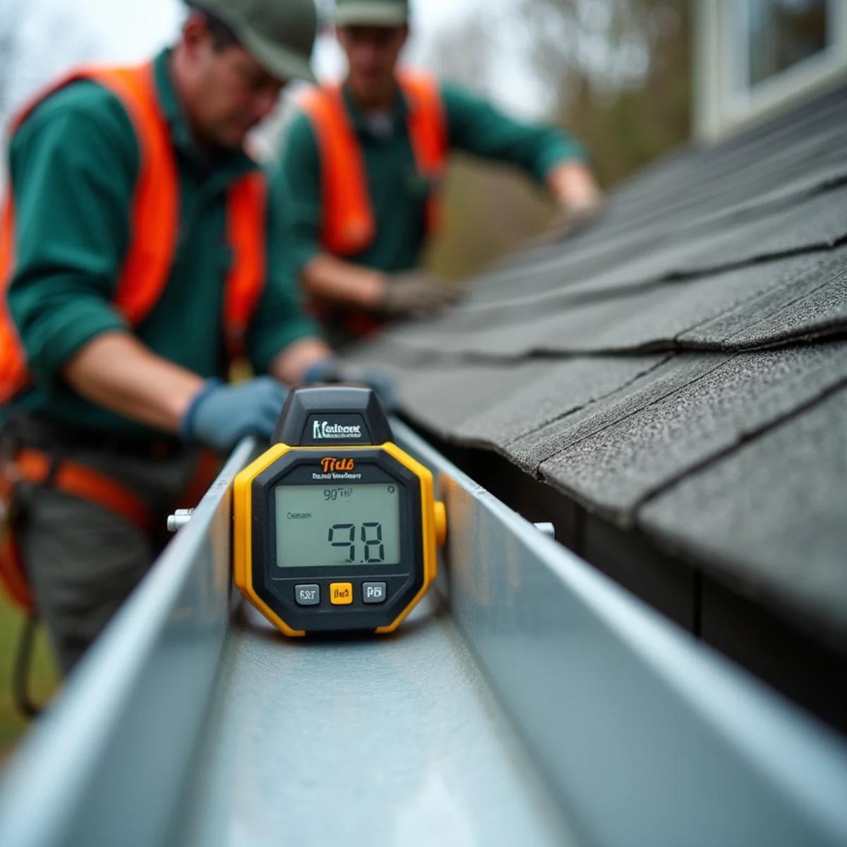 Digital level displaying precise drainage slope measurement on gutter bottom