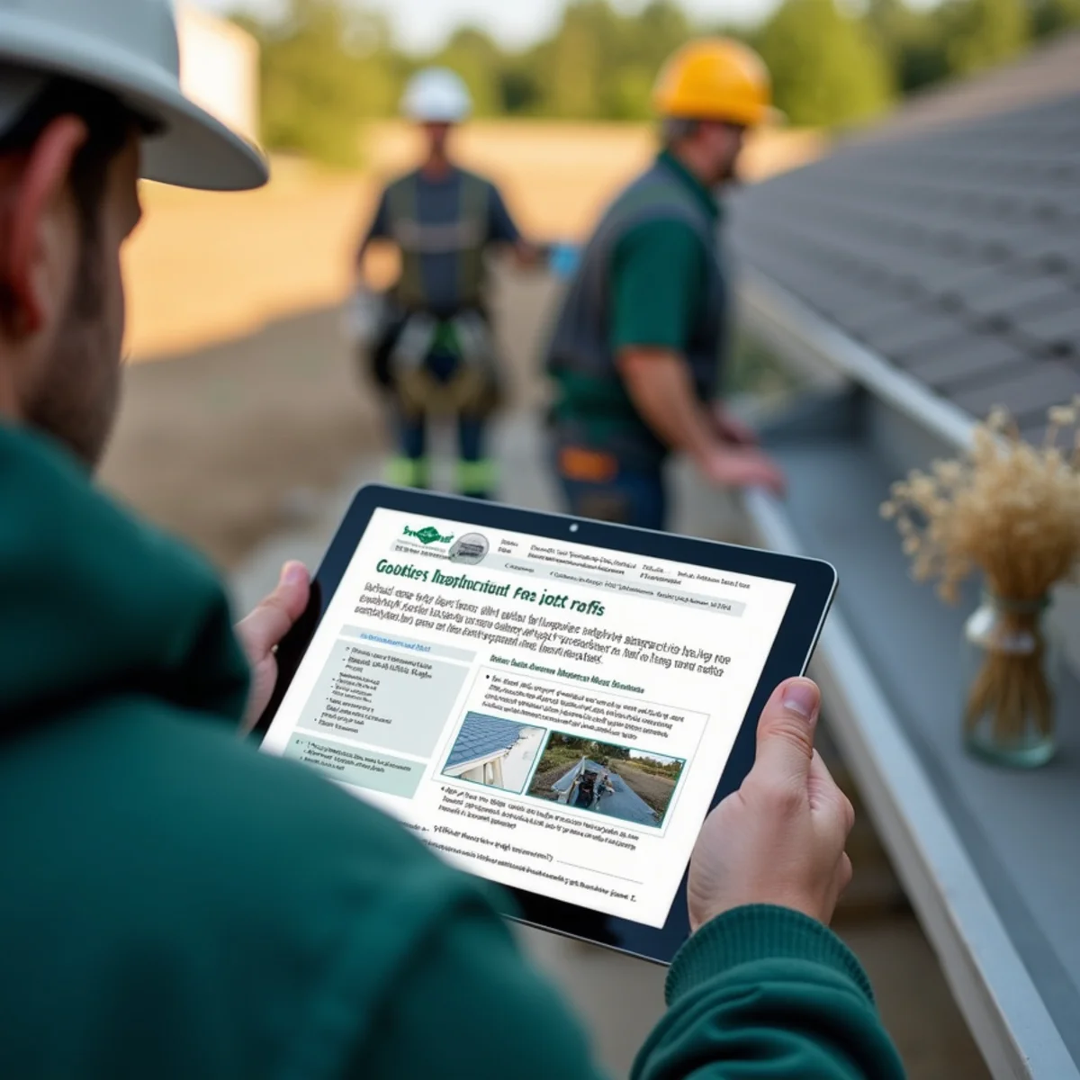 Digital tablet displaying comprehensive gutter inspection report with annotated photos