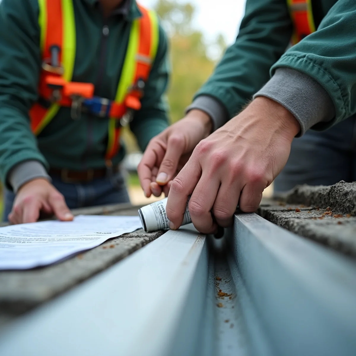 Technician applying commercial gutter sealant to leaking corner miter joint
