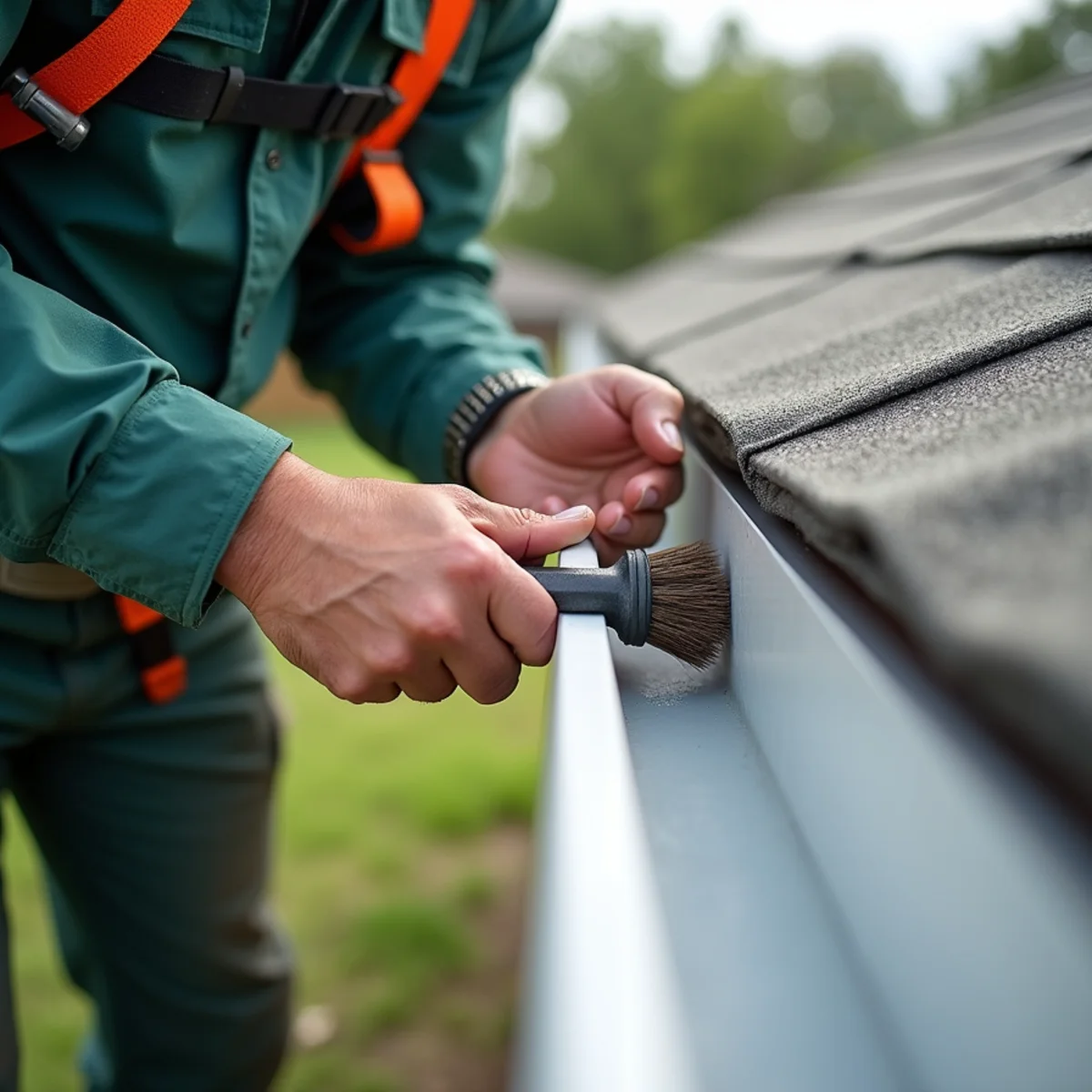 Technician cleaning old deteriorated sealant from gutter seam before applying fresh seal