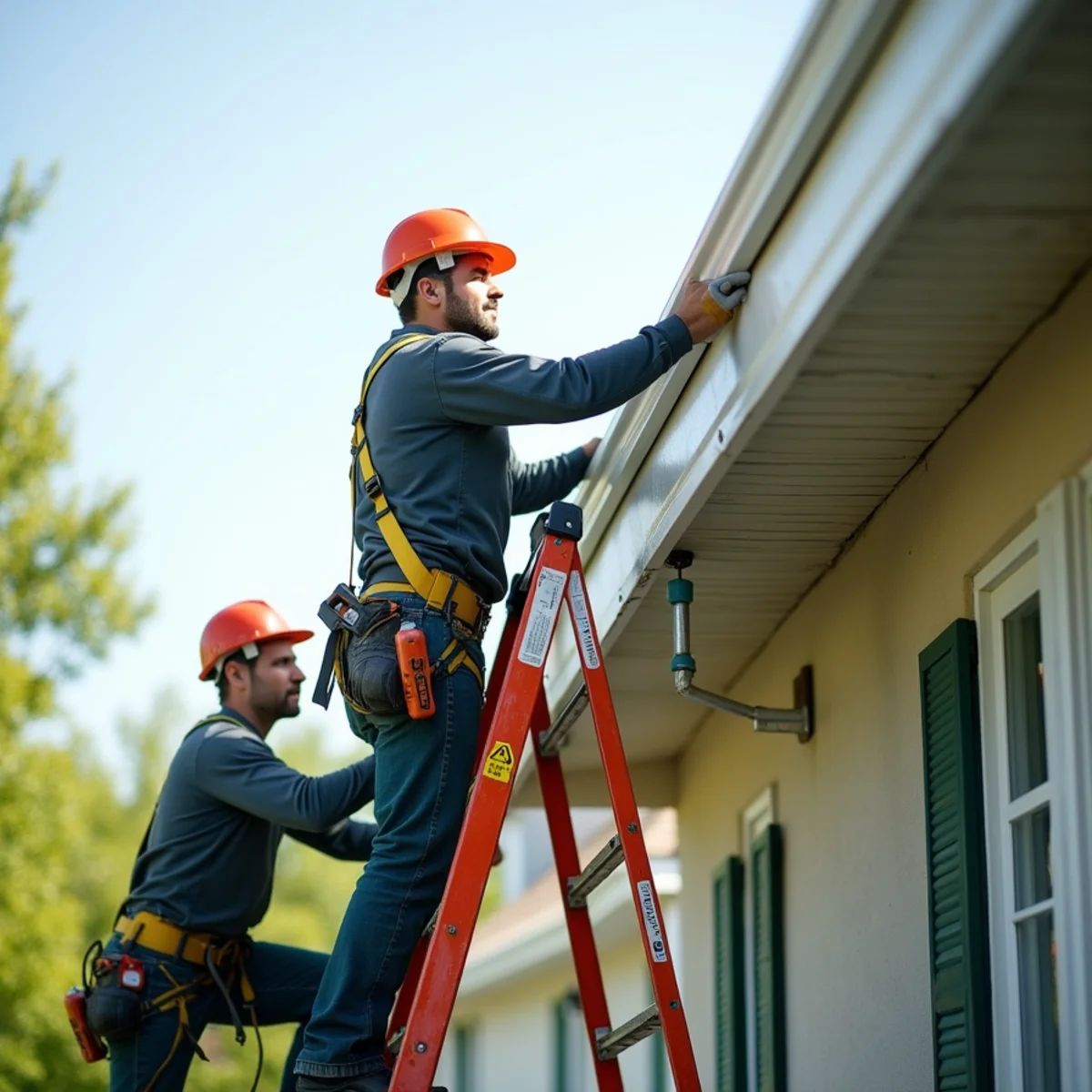 Two skilled technicians lifting a 50-foot continuous seamless aluminum gutter into place