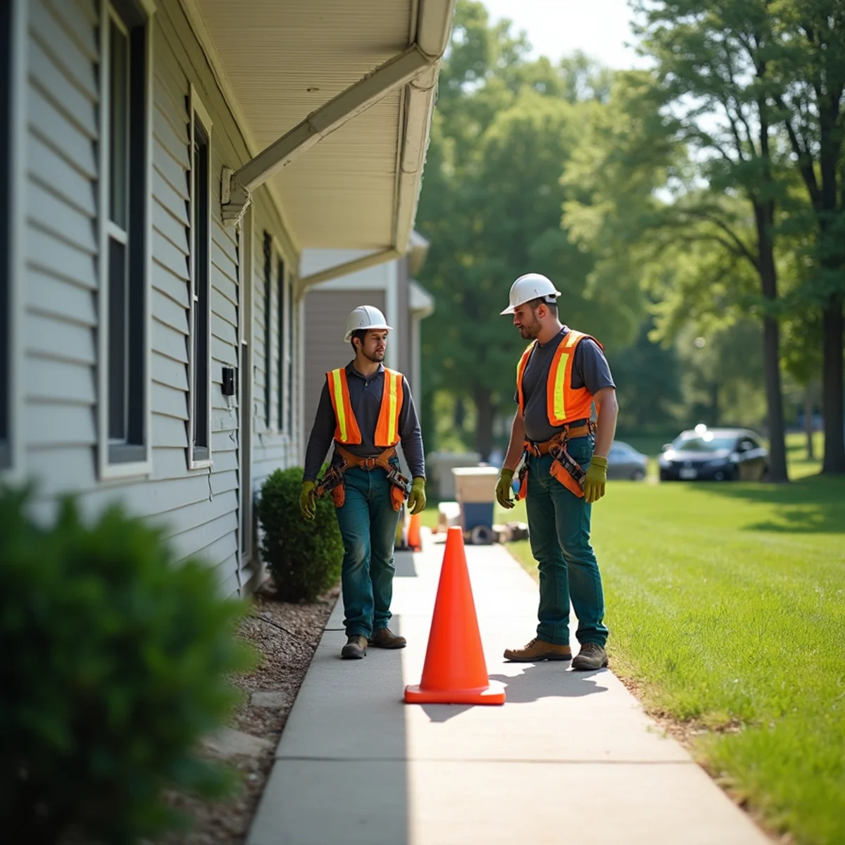Safety perimeter established beneath storm-damaged hanging gutter run