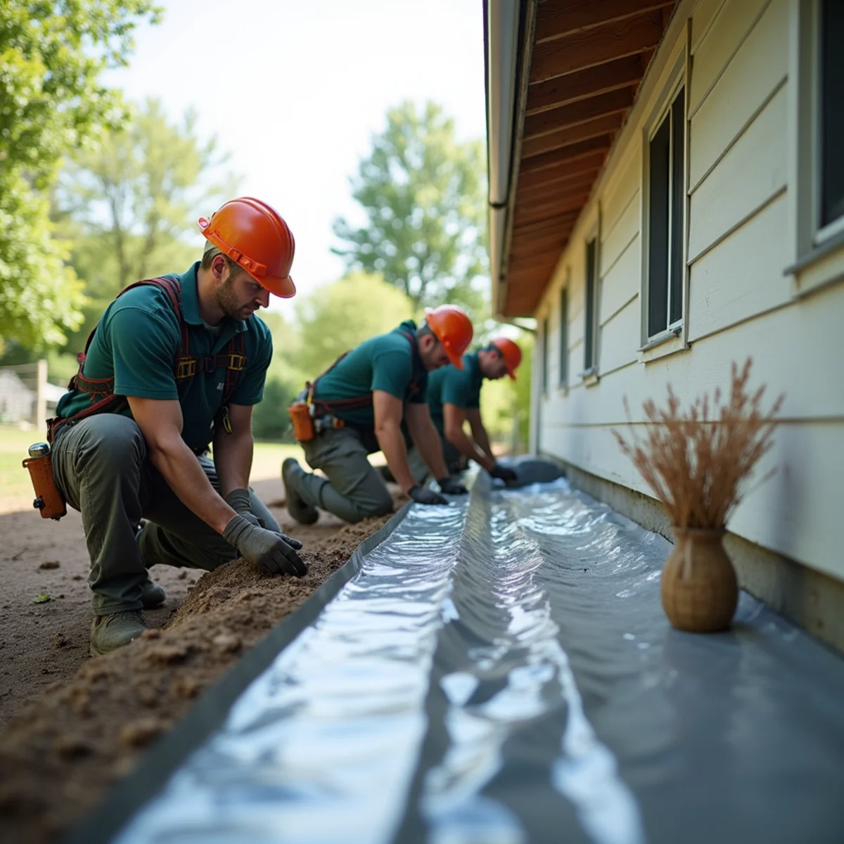 Heavy plastic tarp installed along foundation perimeter to divert water while gutters are down