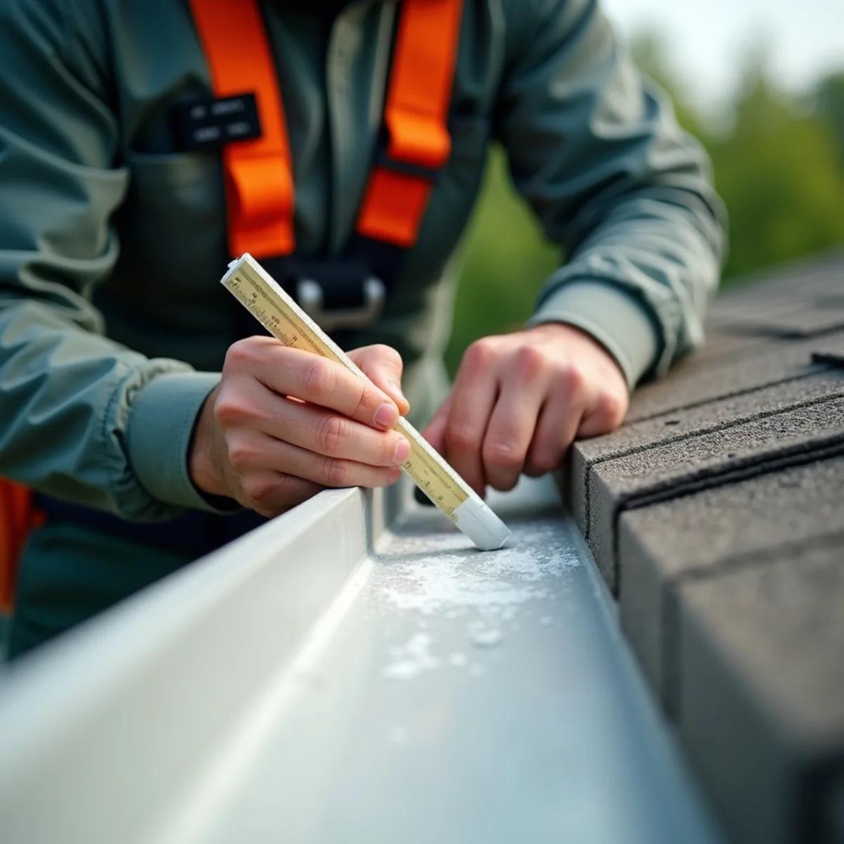 Technician circling hail impact dents with chalk and measuring diameter for adjuster
