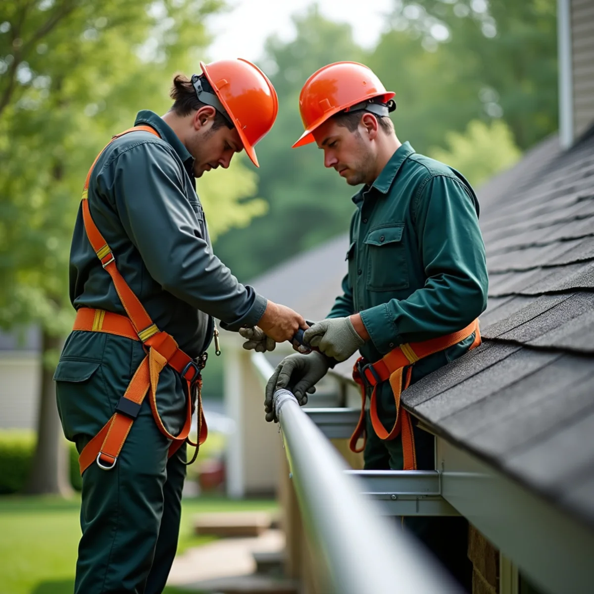 Technician replacing twisted internal gutter hanger damaged by falling storm debris