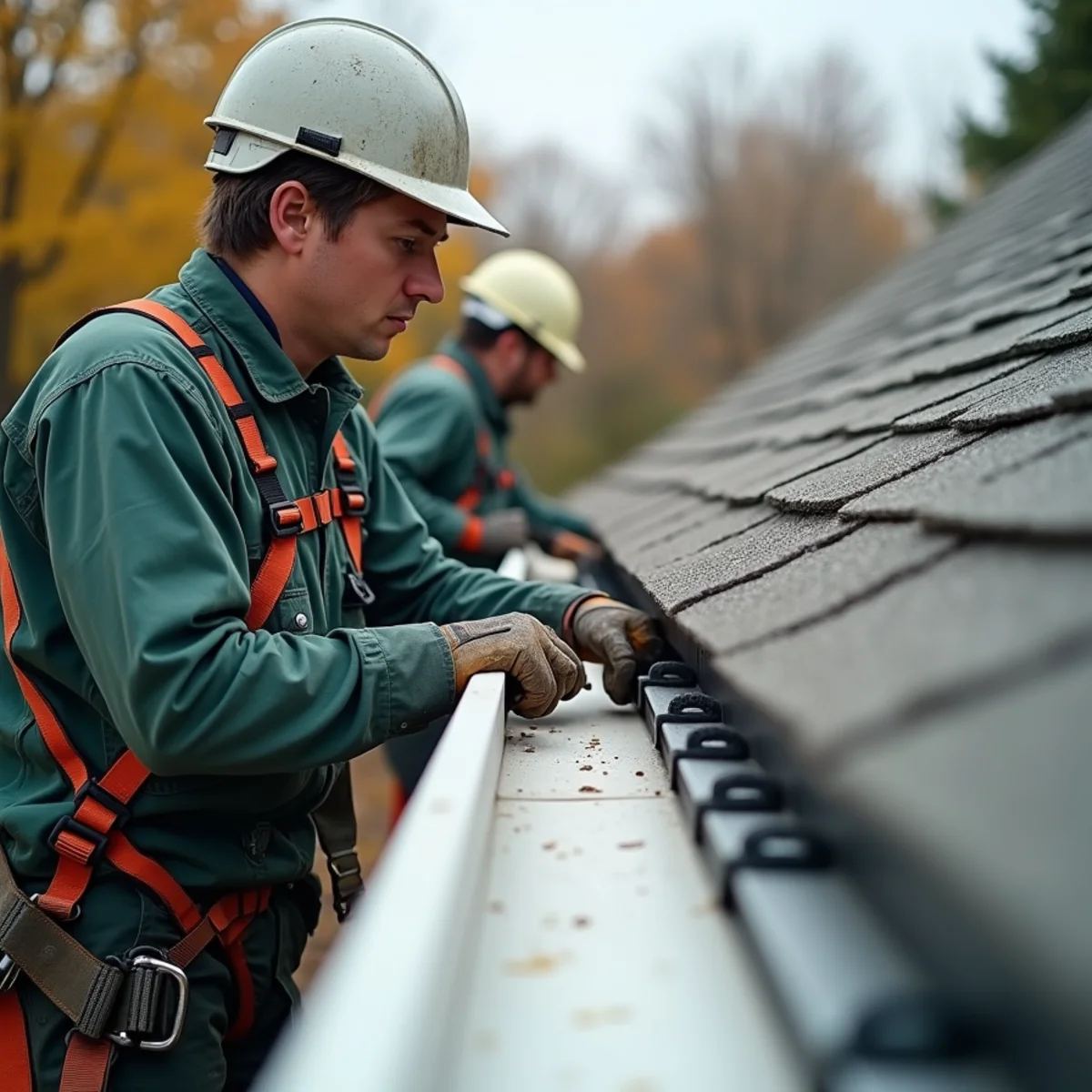 Technician installing serpentine heat trace cable pattern along roof eave with roof clips