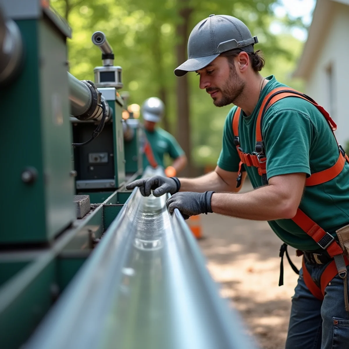 Gutter technician operating mobile on-site seamless roll-forming machine in driveway