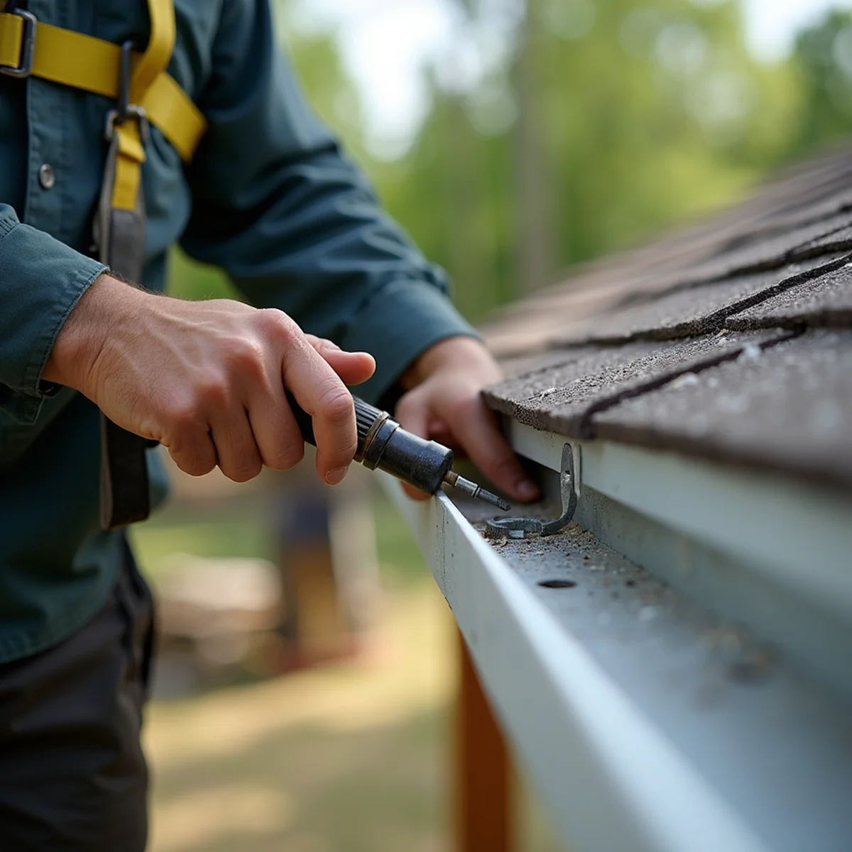 Technician fastening heavy-duty hidden internal screw hanger into structural rafter tail
