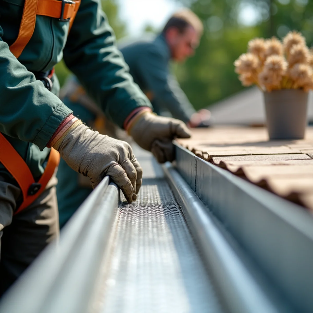Installer attaching surgical stainless steel micro-mesh gutter guard along roofline