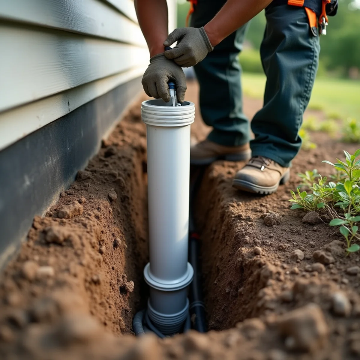 Oversized downspout connecting into buried underground PVC drainage pipe with pop-up emitter