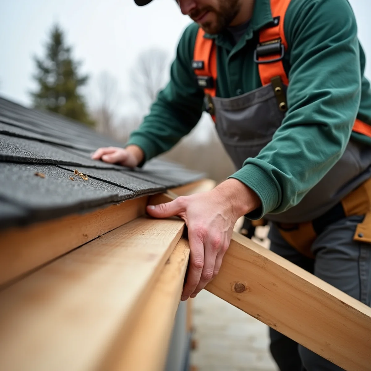 Skilled carpenter installing new wood fascia board before seamless gutter mounting