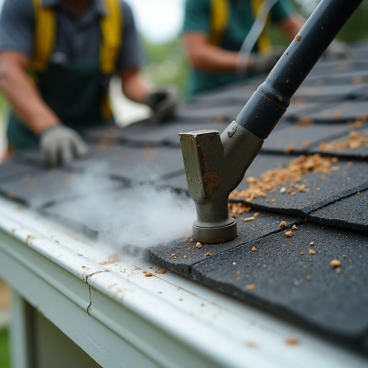 Comparison showing safe steam ice removal next to roof shingles broken by hammer blows