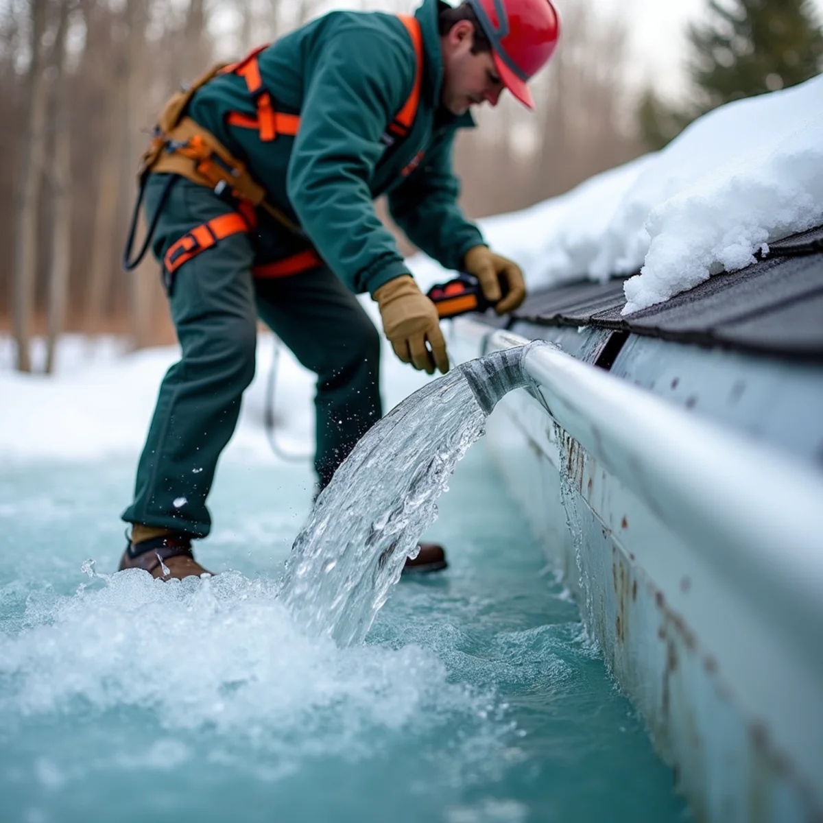 Trapped meltwater reservoir draining rapidly through steam-cut channel in roof ice dam