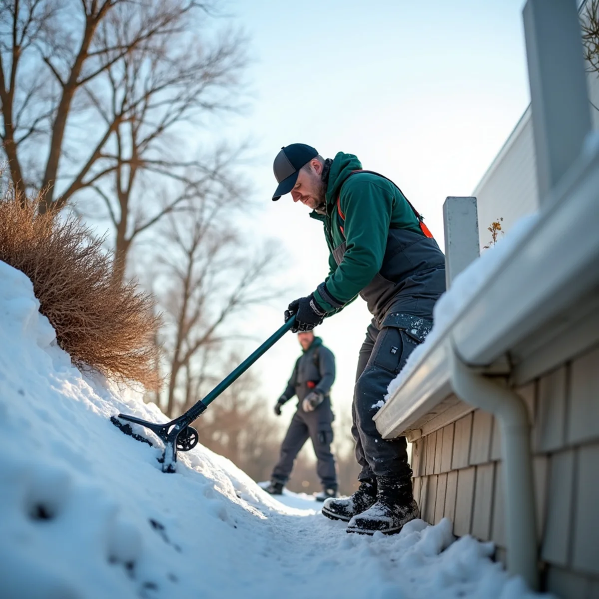 Technician using wheeled roof rake to remove heavy snowpack from eaves before steaming