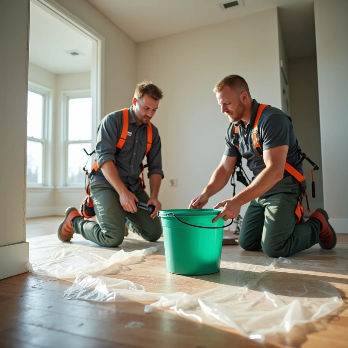 Indoor bucket and plastic tarp catching meltwater leaking through ceiling drywall