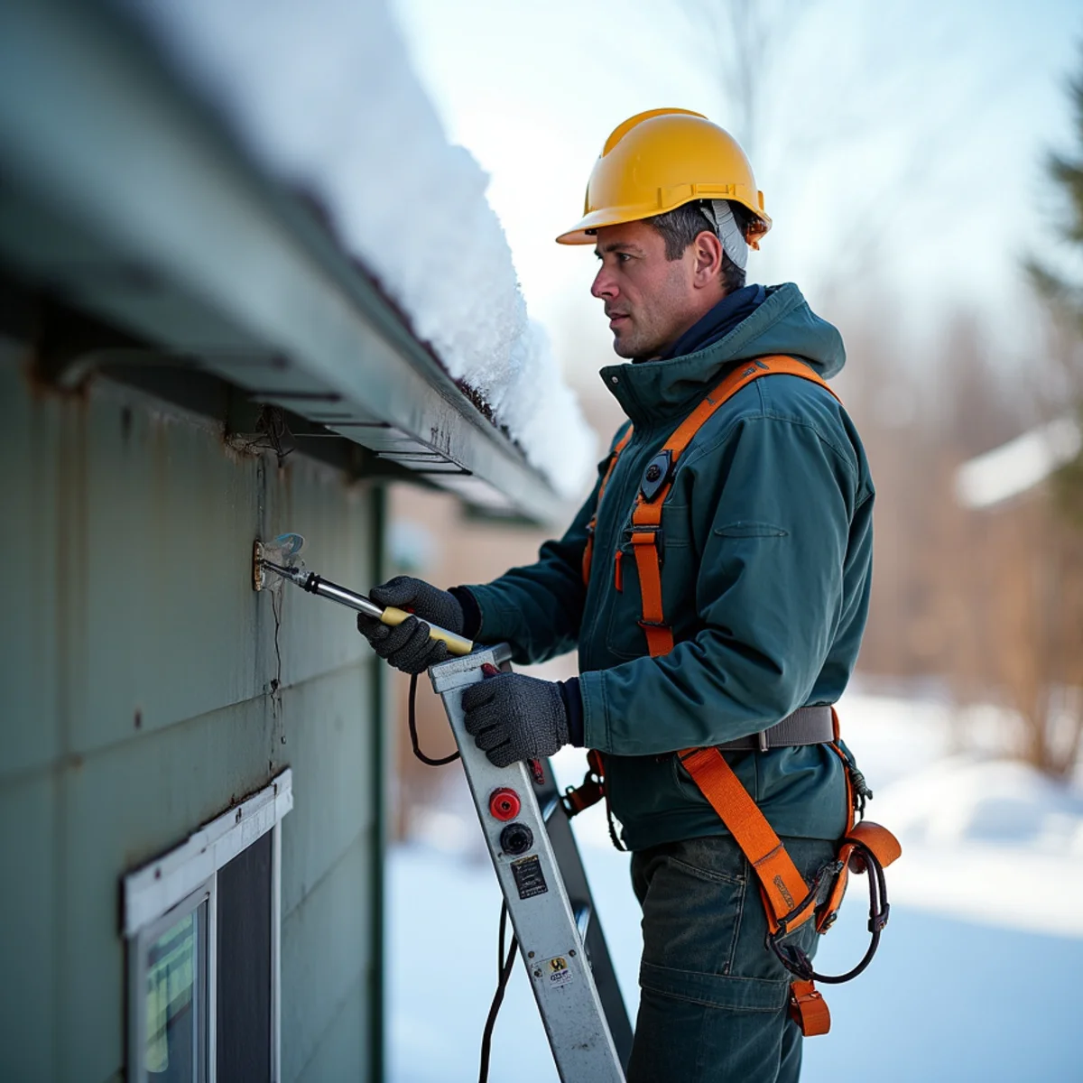 Low-pressure steam wand cutting vertical drainage channel through roof ice dam