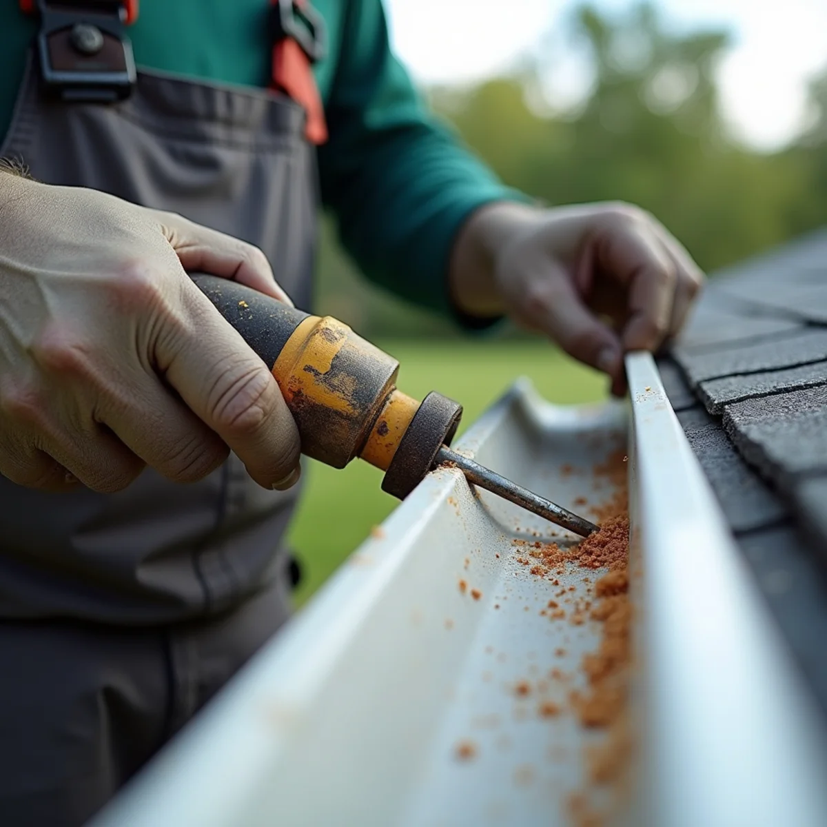 Technician removing brittle cracked silicone caulk from inside gutter miter seam