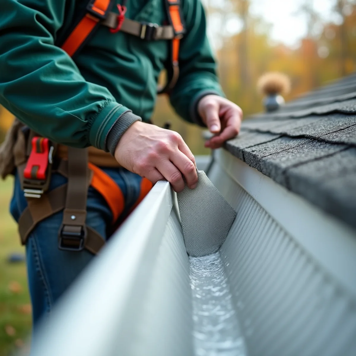 Clean debris-free gutter trough revealed beneath installed micro-mesh screen