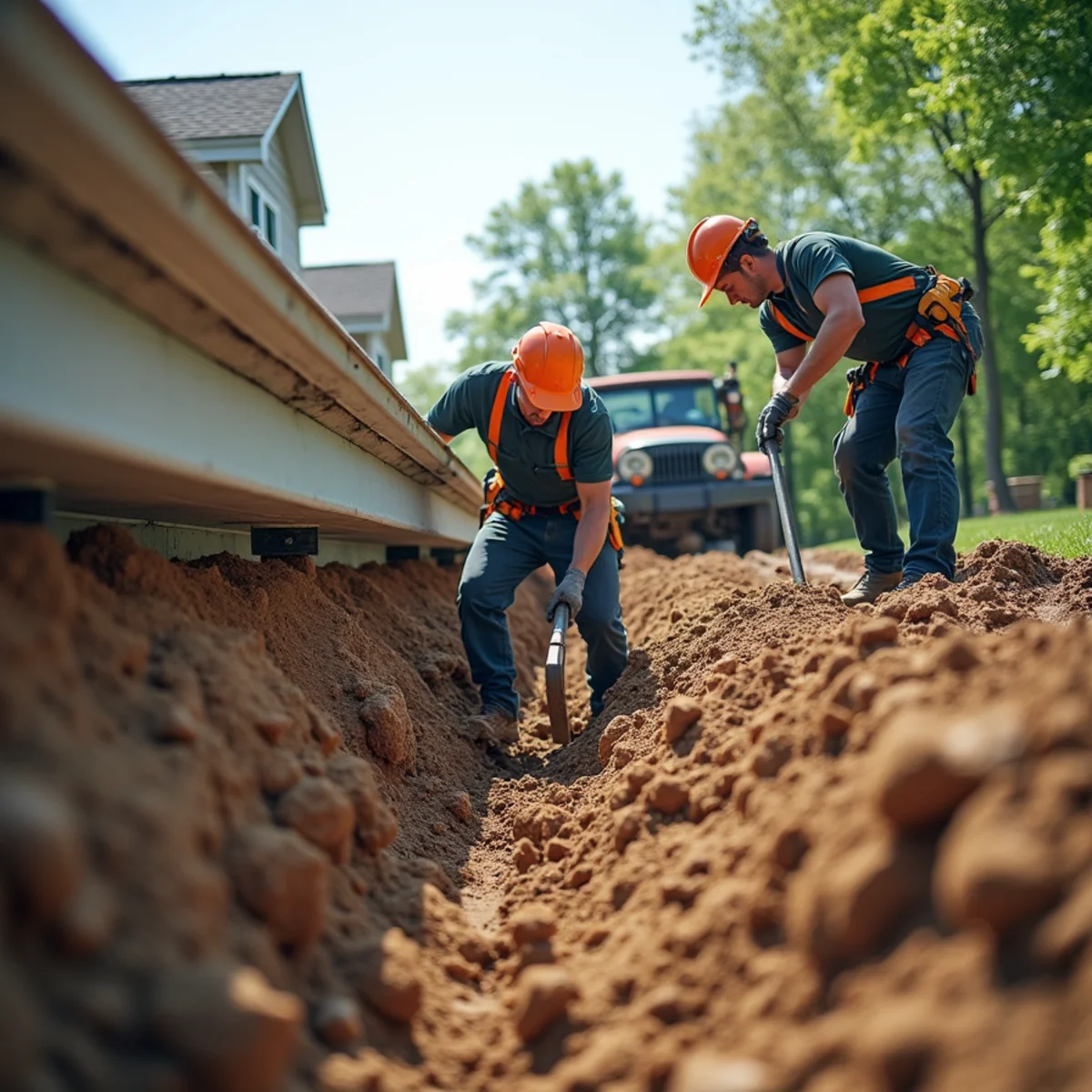 Seamless gutters preventing rainfall erosion around fresh new construction foundation