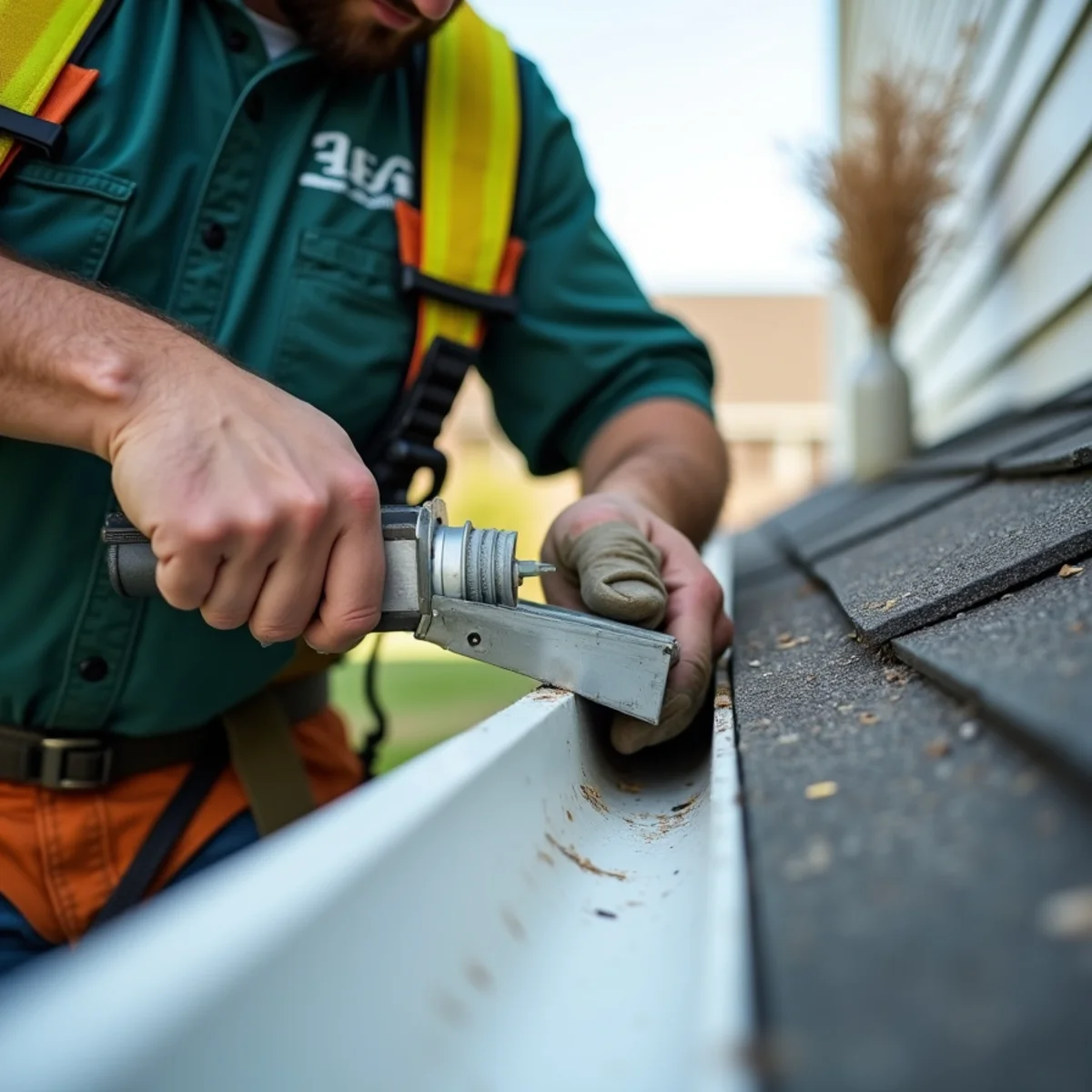 Technician expanding gutter drop opening to install high-capacity 3x4 downspout