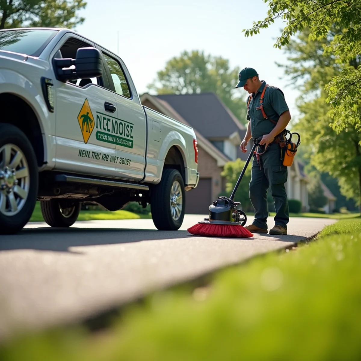 Clean residential driveway and pristine lawn following DualGuard gutter installation