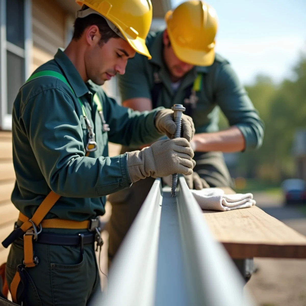 Technician installing reinforced internal screw hangers spaced for prairie wind loads