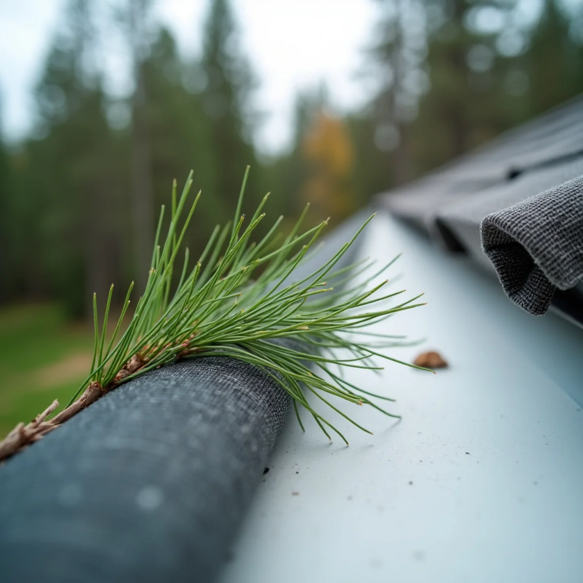 Pine needles naturally blowing off stainless steel micro-mesh guard on lake home