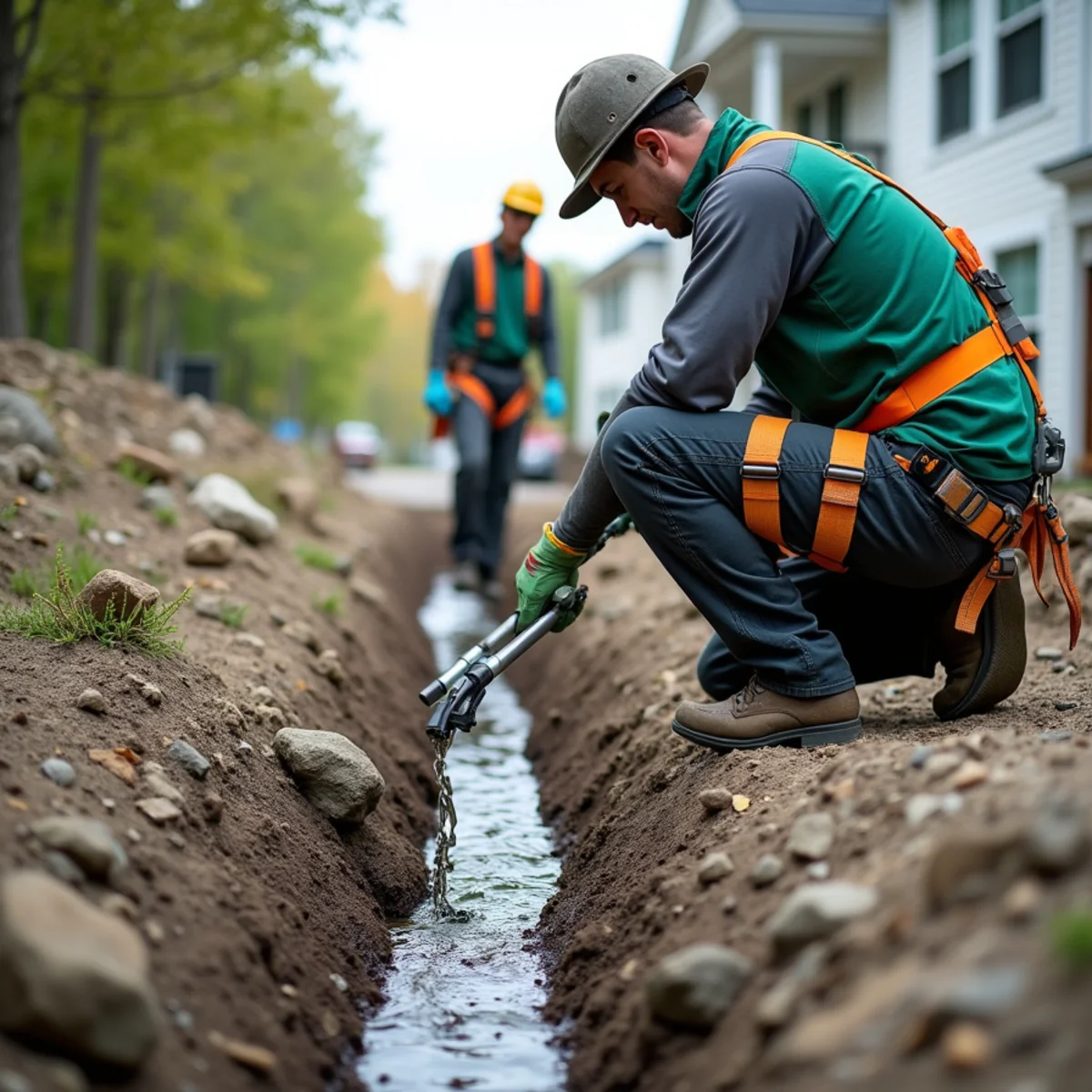 Downspout drainage line discharging into rock swale preventing lake bank erosion