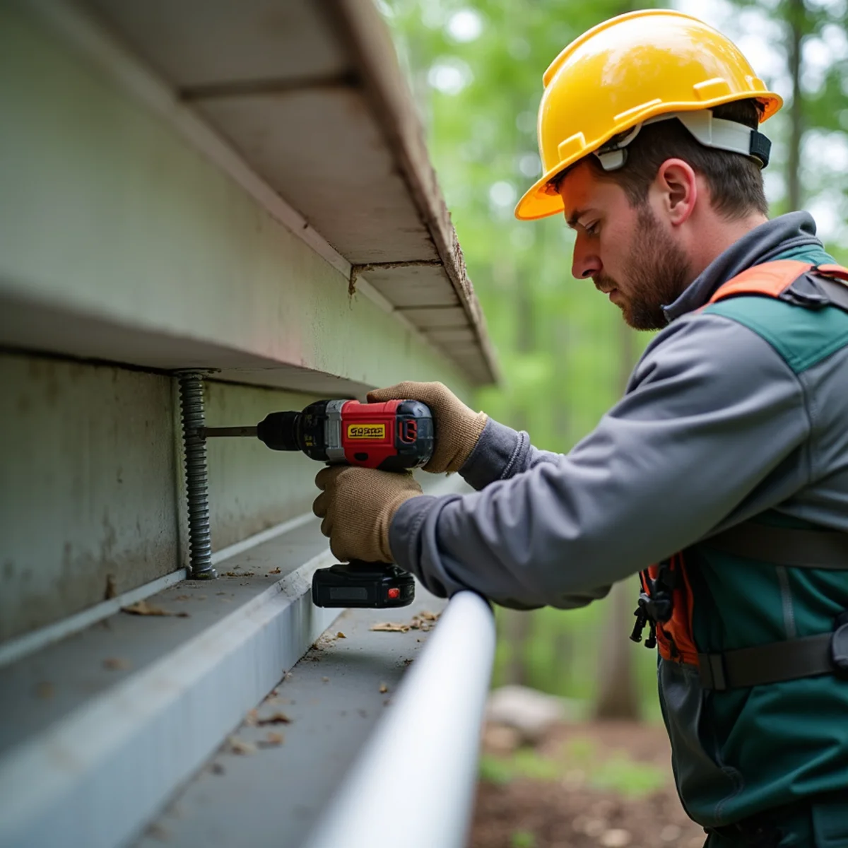 Impact driver securing heavy-duty internal screw hanger into solid roof framing
