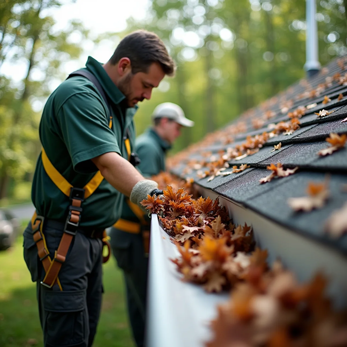 Micro-mesh gutter guard shedding dense oak catkins on wooded Sauk Rapids property