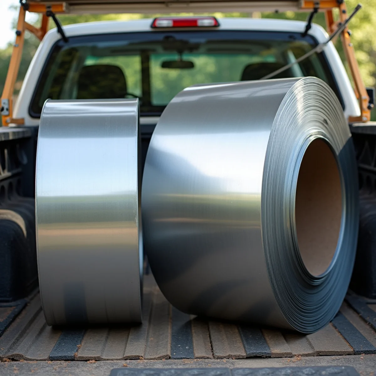 Rolls of heavy-gauge aluminum and galvanized steel gutter coil ready for forming
