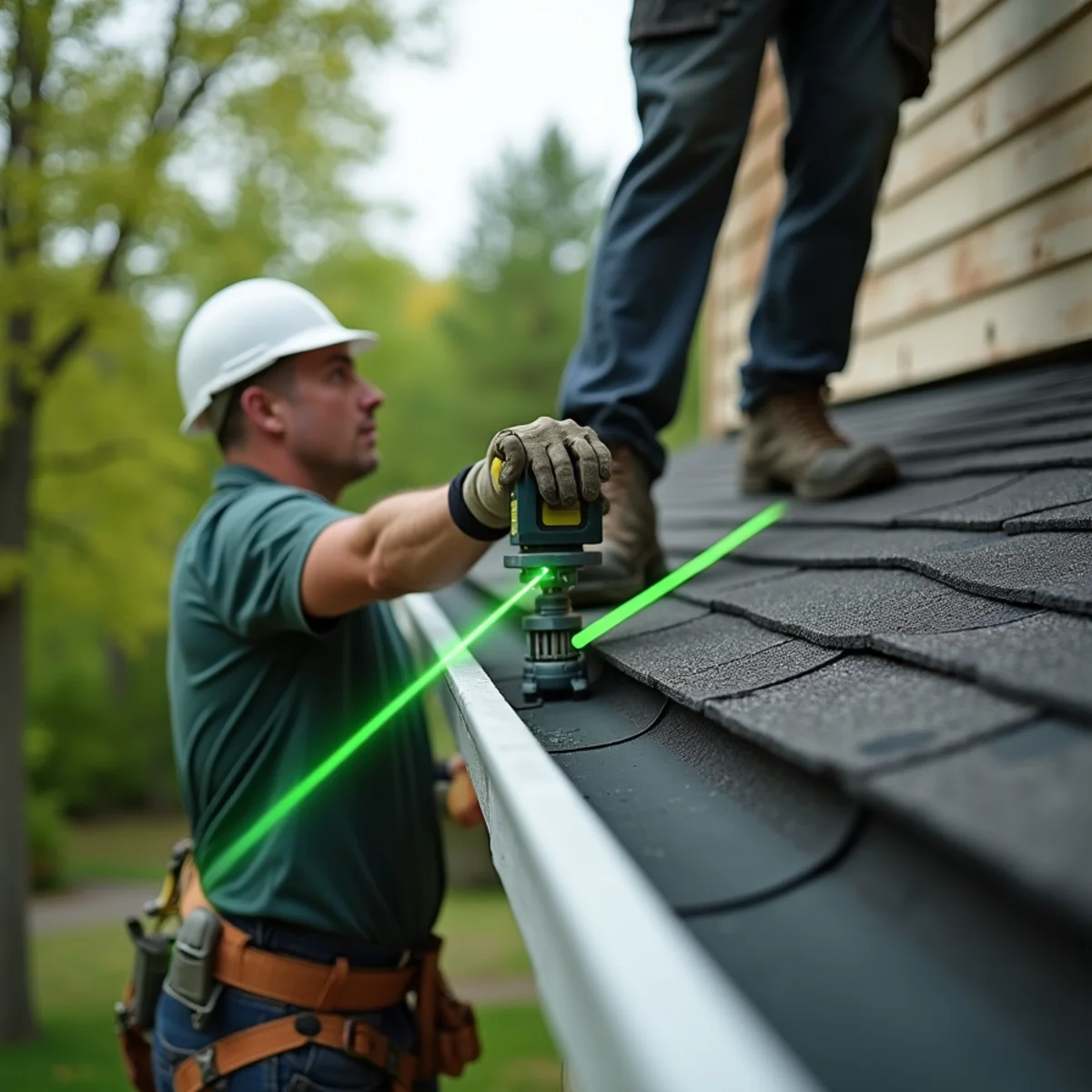 Digital green laser level checking gutter drainage pitch along residential roof fascia