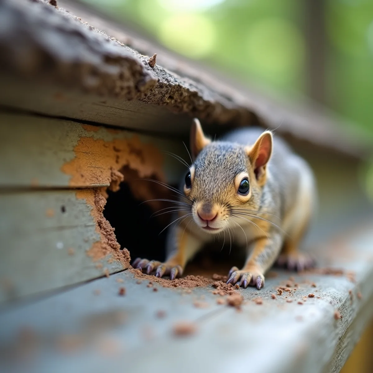 Rotted wooden soffit corner chewed open by squirrels seeking attic warmth in winter