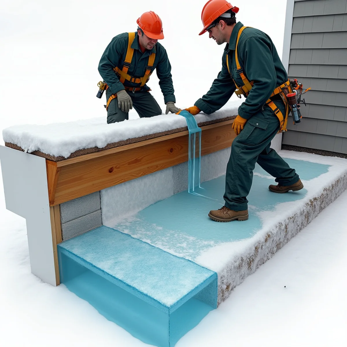 Diagram illustrating meltwater trapped behind ice dam soaking through rafter tail into soffit
