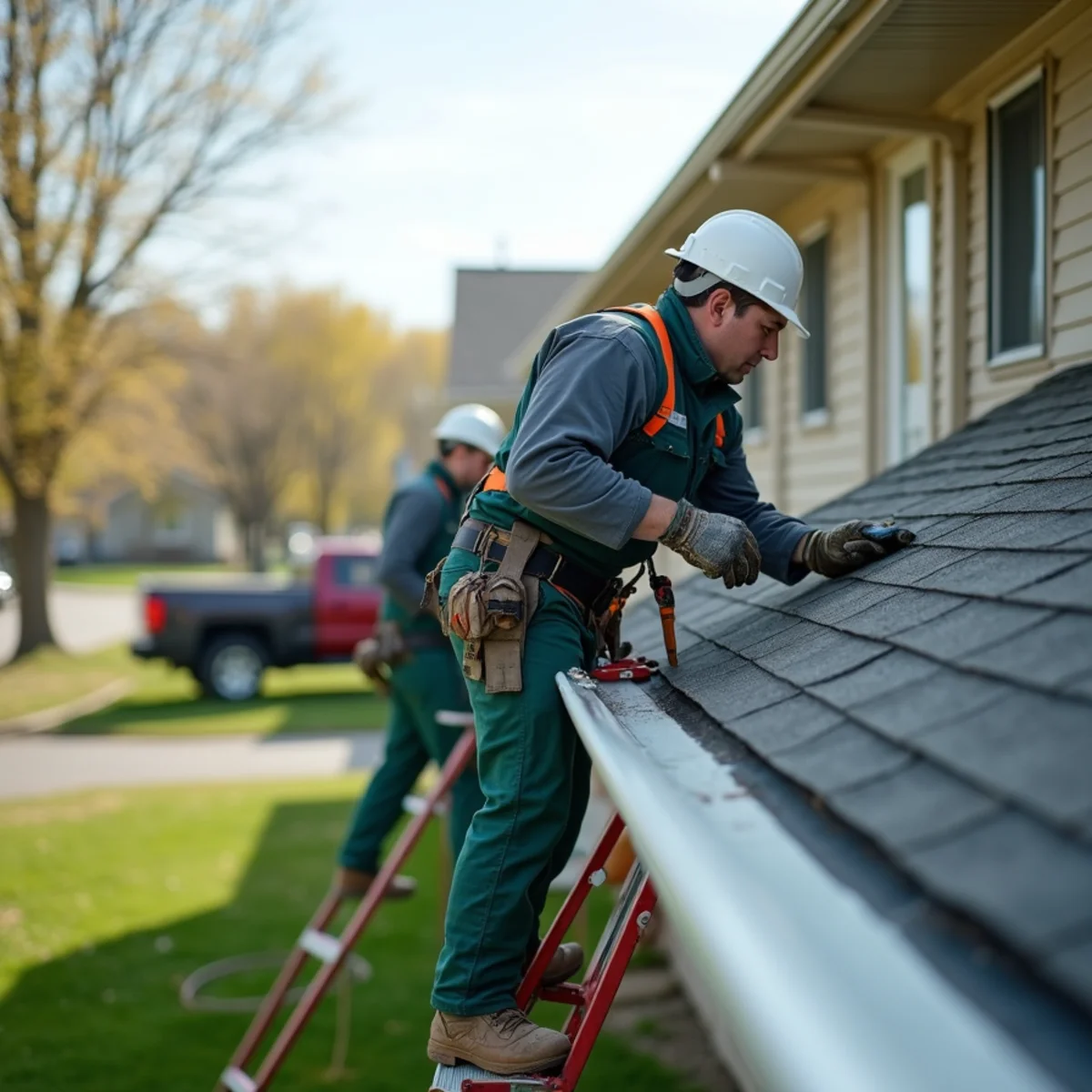 Crew cleaning gutters on multi-unit student apartment building near SCSU in St Cloud